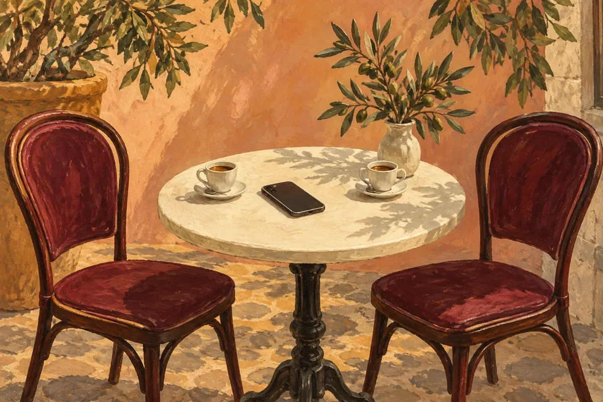 Ilustración de dos sillas frente a una mesa de café con un teléfono